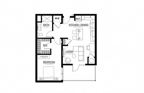 Floor plan for 1 bed, 1 bath, 775 sqft